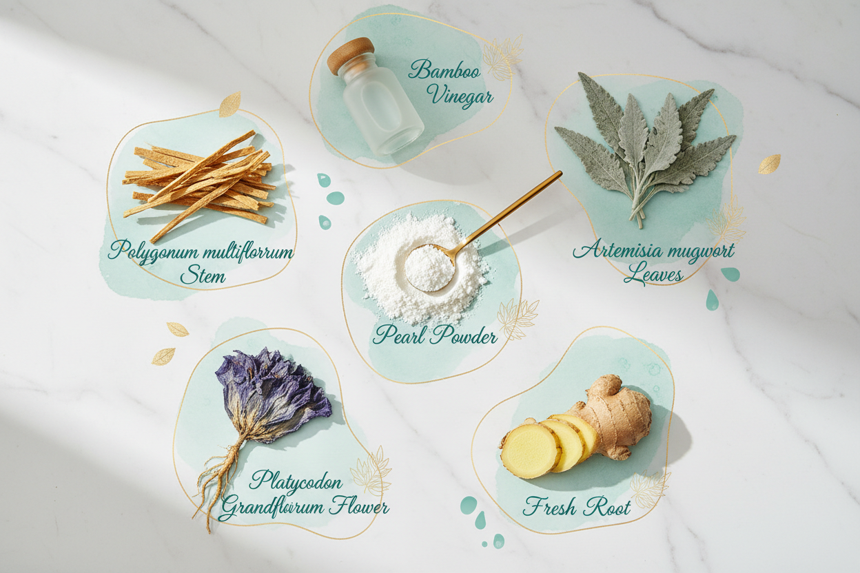 Natural ingredients of foot detox pads including bamboo vinegar, conchiolin powder, ginger and herbal extracts